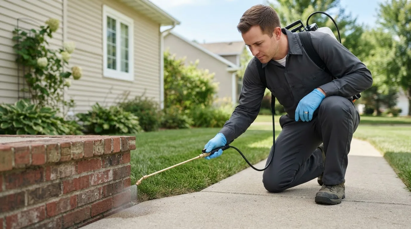 Pest control technician treating a home near Bitely, MI