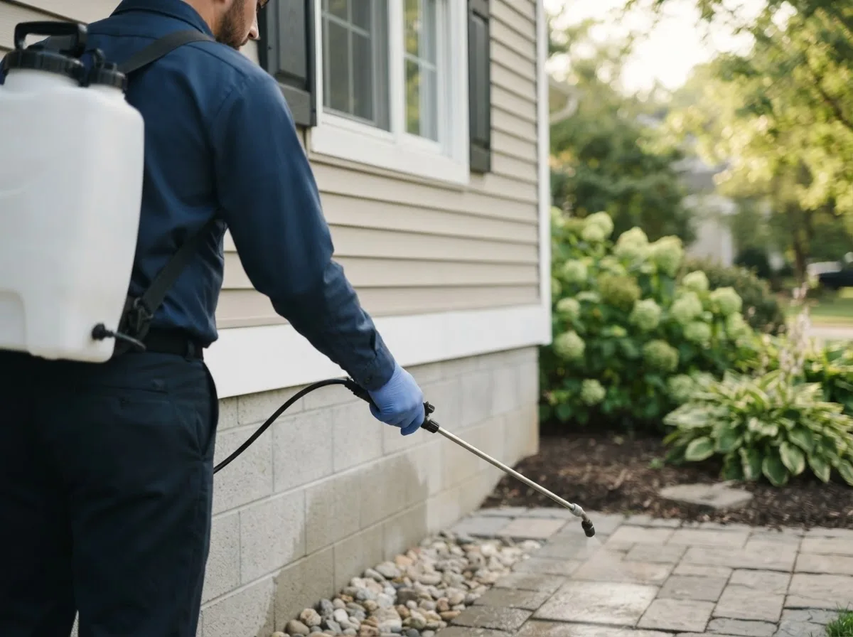 Pest control technician inspecting a home in Bitely, MI
